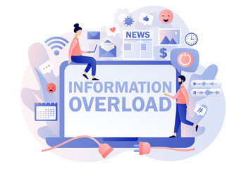 Information overload. Information detox. Tiny people protecting themselves from flow of information and news turning off laptop. Digital detox. Modern flat cartoon style. Vector illustration