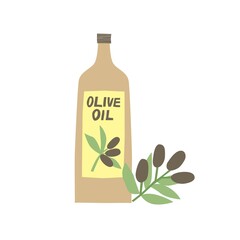 Hand drawn olive oil bottle isolated on white background. Flat cooking oil glass bottle and branch with leaves and olives. Mediterranean diet, organic vegetarian food trendy vector illustration