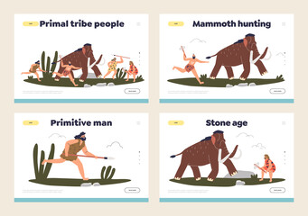 Set of landing pages with prehistoric, primal tribe primitive cavemen hunting on mammoth