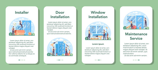 Installer mobile application banner set. Worker in uniform installing window