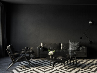 Black interior with sofa, armchair, coffee table, carpet and decor. 3d render illustration mock up.