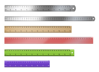 Set of realistic rulers: plastic and metal of different length and color with measures