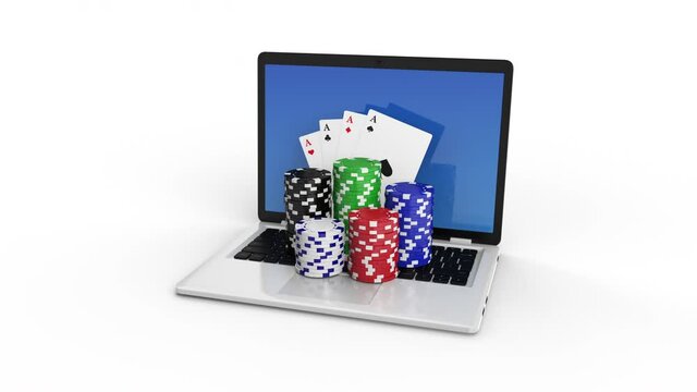 Chips for casino and playing cards on laptop, online casino concept. Gambling money chips poker cards on laptop computer. 3d animation with alpha channel