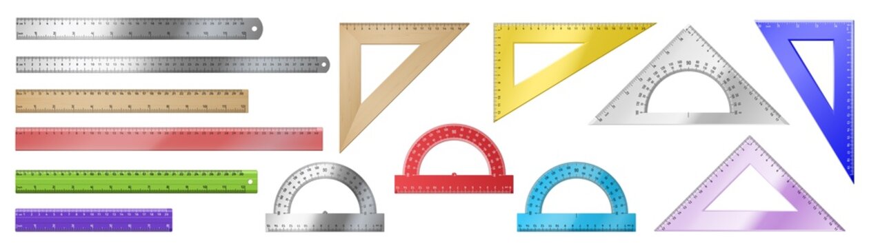 Set of realistic measuring tool: triangular rulers, simple rulers, protractors on white background