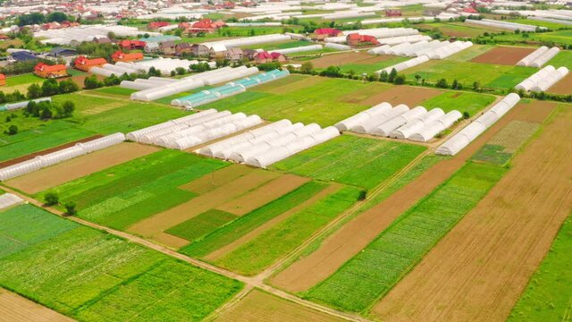 drone flies above village with hothouse planting vegetables farm with greenhouses