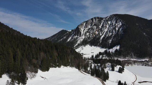 Winter landscape from a drone view at Spitzingsee in Germany