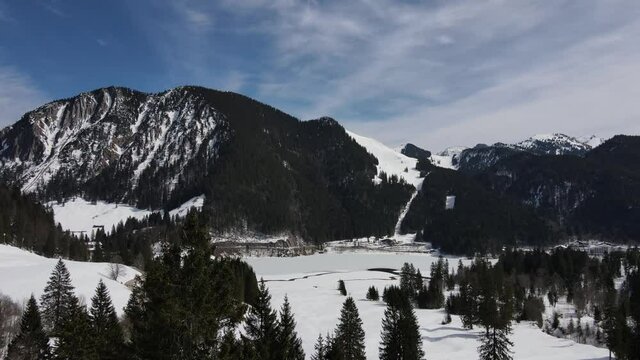Winter landscape from a drone view at Spitzingsee in Germany
