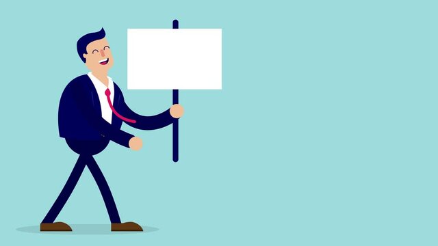 Businessman holding sign in hand animation - Corporate cartoon man walking, holding empty sign, to insert you own text or message.