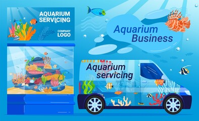Aquarium maintenance service, lettering by car, aquarium business, colorful underwater world, cartoon style vector illustration.
