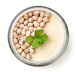 Hummus and chickpeas in a plate on a white background, isolated. The view from top