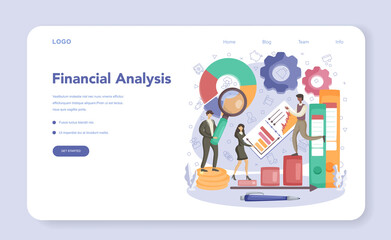 Financial analyst web banner or landing page. Business character