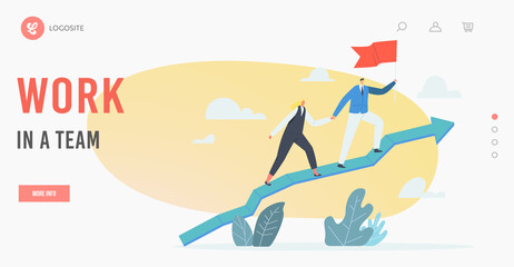 Corporate Leadership, Financial Success Landing Page Template. Business Characters Team Holding Red Flag Climbing Graph