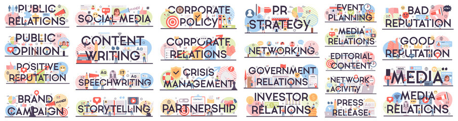 Big public relations typographic header set. PR technologies