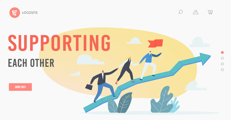 Teamwork and Leadership Landing Page Template. Business Team Climbing Up Arrow Chart with Leaders Holding Red Flag
