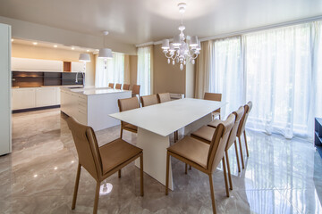 New modern living room with kitchen. New home. Interior photography.