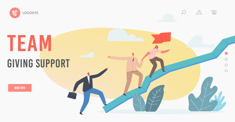 Fototapeta na wymiar Teamwork Support Landing Page Template. Business Team Characters Climbing Up Arrow Chart, Leader with Red Flag