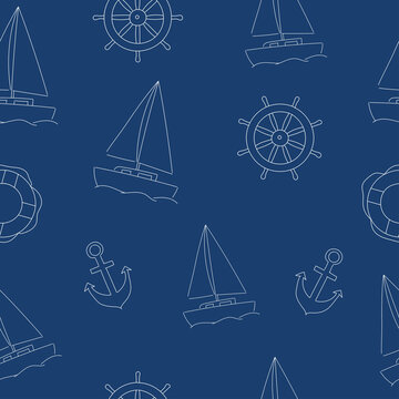 Hand Drawn Marine Seamless Pattern With Sailboat, Anchor And Steering Wheel