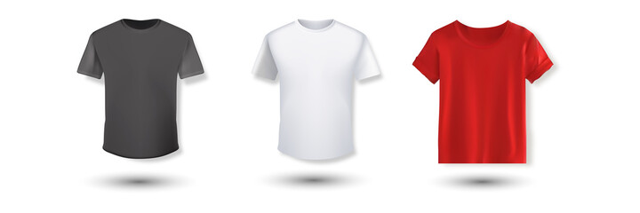 Shirt mockup set. T-shirt template. Black, gray and red with white version, front design.