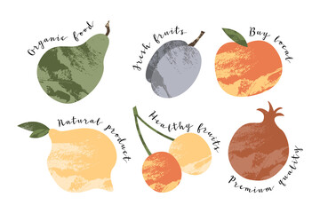 Juicy apple, plum, pear, lemon, lime, cherry, pomegranate. Fresh fruit, healthy organic food. Premium quality. Buy local product. Vector flat cartoon illustration. Perfect for logo, stamp, brand, mark - 427262167