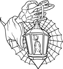 Skull Hand with Lamp Tattoo Stencil Vector Stamp Illustration Coloring