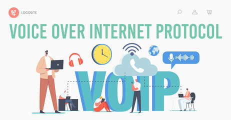 VOIP Technology, Voice over IP Landing Page Template. Characters Use Telecommunication System, Telephone Communication