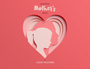 Mom and daughter papercut silhouettes inside a heart. Happy Mother's Day elegant greeting card background in 3D rendering with stylish lettering and text
