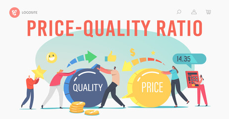 Price and Quality Ratio Landing Page Template. Tiny Characters Turning Huge Switch. Customers Satisfaction with Product