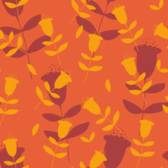 seamless floral multilayer pattern with big red and yellow small flowers and leaves on orange background stem angled to each other
