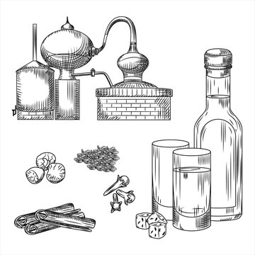 Set Ouzo Greek alcohol on white background. Glass. bottle, cinnamon, cloves, anise, nutmeg, alembic. Engraving vintage style black outline.