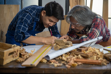 carpenters team work together creatively, creative carpenter trainer workshop with team partner, craftsman person in wood industry construction business concept