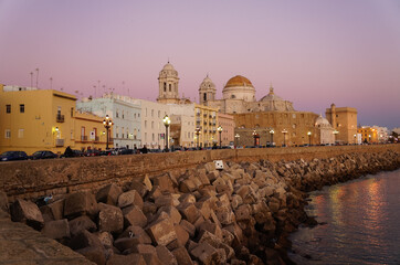 View on Cadiz and embankment in sunset, Spain