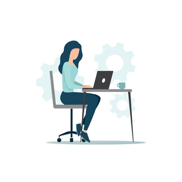 Office work concept. Colored flat illustration of home workplace. A woman with a laptop works sitting behind a desk.