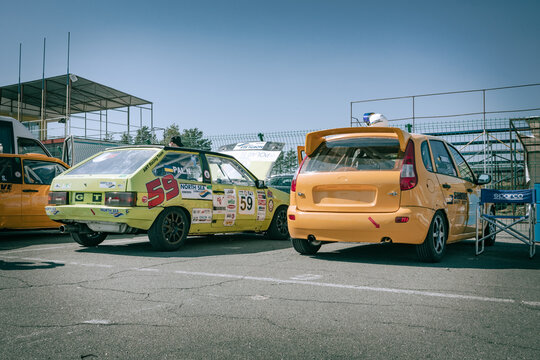 Racing cars in service during the Ukrainian Circuit Racing Cup. Lada 2108 and Lada Kalina