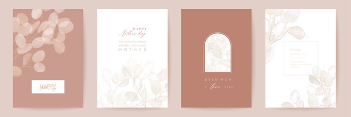 Mothers day floral vector card. Greeting lunaria flowers template design. Watercolor minimal postcard set - 427264788