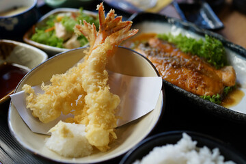 Close up Japanese shrimp tempura and sushi set