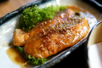 Japanese grilled salmon with teriyaki sauce.