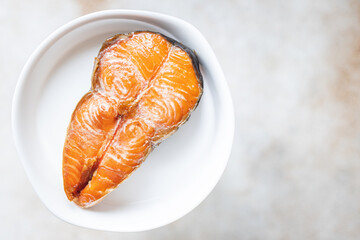 salmon smoked steak seafood fish snack trend meal copy space food background rustic. top view vegetarian pescetarian diet