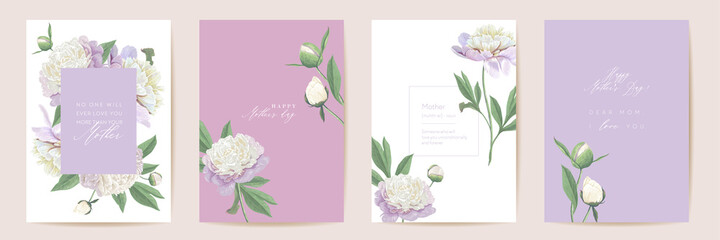 Mothers day floral vector card. Greeting peony flowers template design. Watercolor minimal postcard set