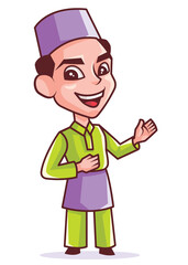 Good looking smiling young muslim man with songkok Malay costume presenting and pointing something on white background