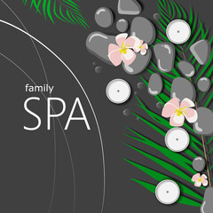 concept of spa procedure. Palm tree leaf, candles and tropical flowers
