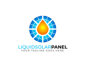 liquid solar panel logo with solar cell and water drops