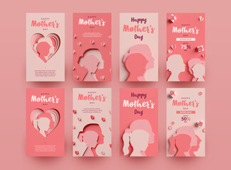 Happy Mother's Day social media stories collection. Templates with silhouettes in paper cut style. 3D rendering