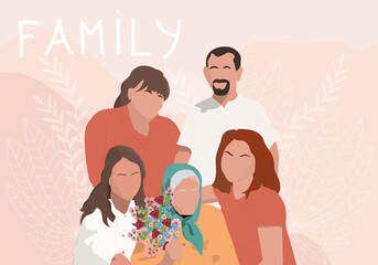 Contemporary portrait of family. Grandmother with children and granddaughters. Greeting card for family day. Vector flat illustration
