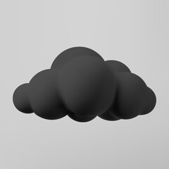 3d black cloud isolated on a grey background. Render soft cartoon fluffy black cloud icon, dark dust or smoke. 3d geometric shape vector illustration