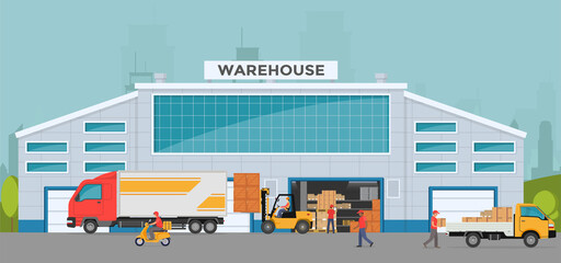 Warehouse out side. Big warehouse and transportation beside. Boxes on pallet shelves people loaders working of warehouse