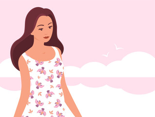 Beautiful young woman against the backdrop of the seascape. Sea and seagulls. Dress with patterns. Vector cartoon illustration.