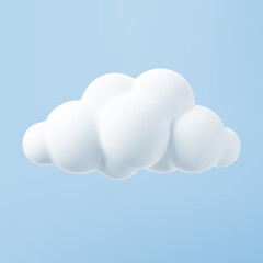 White 3d cloud isolated on a blue background. Render soft round cartoon fluffy cloud icon in the blue sky. 3d geometric shape vector illustration