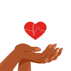 Illustration of female hands safeguard the health of the heart. African American. Vector isolated illustration
