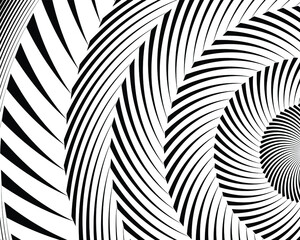  Abstract rotated white lines in circle form on black background. Geometric art. Design element. Digital image with a psychedelic stripes. Vector illustration