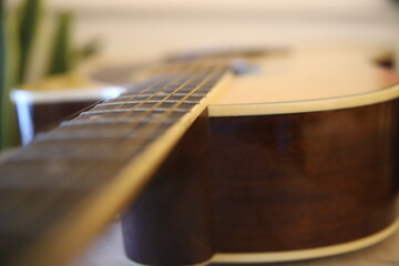 Piękna gitara akustyczna gryf drewno struny gitarzysta - obrazy, fototapety, plakaty